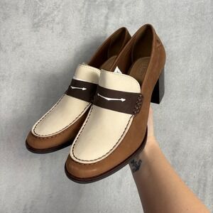 Sperry Seaport Penny Heel Loafers Womens 12 Tan Cream Leather Block Heel